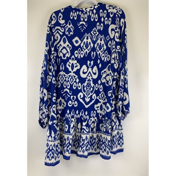 ZARA Blue Print Mini Dress Button Oversized Ruffle Peplum Pintuck Womens Large - Picture 6 of 12